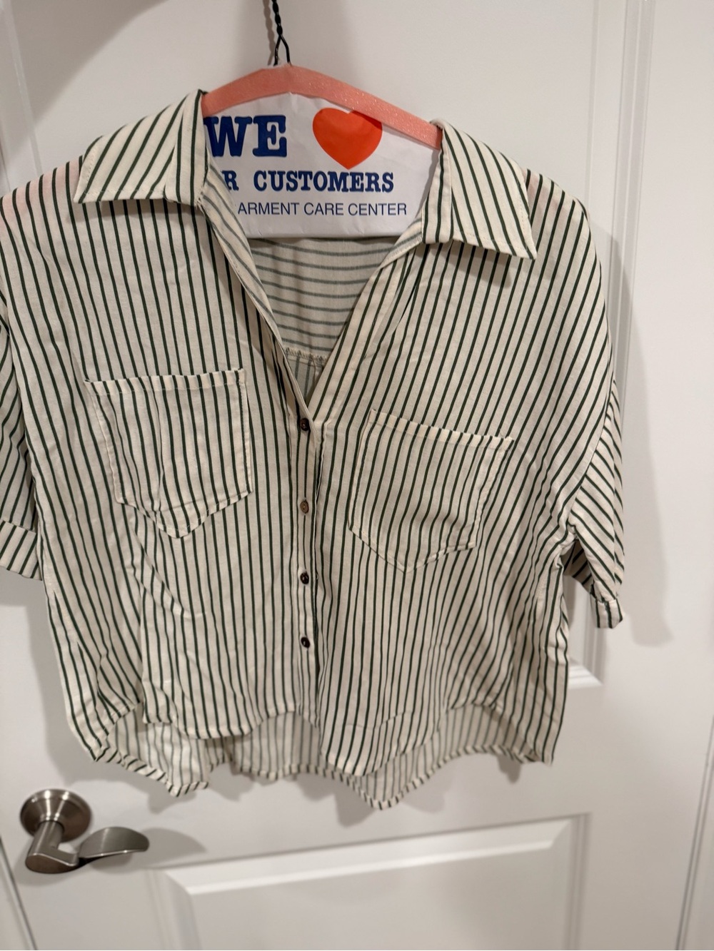 Zara Cream Short-Sleeve Button-Down Shirt with Black Stripes